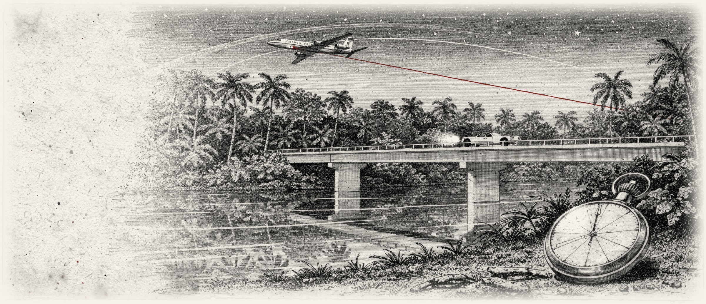Grabado de un puente sobre un río de selva de noche, un avión privado que despega y un reloj de bolsillo